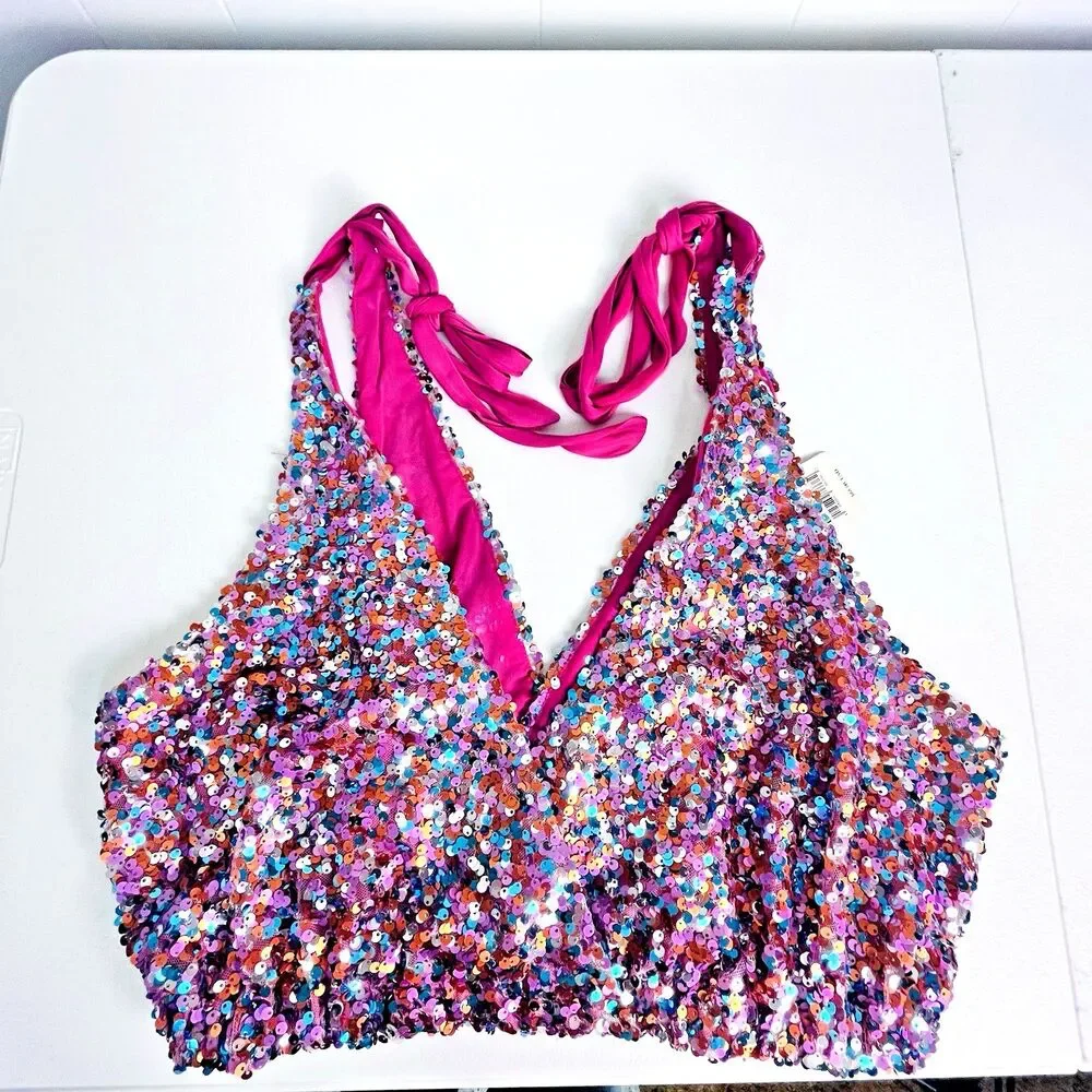 Intimately Free People NWT Size L Pink Sequin Halter Crop Top Festival Party